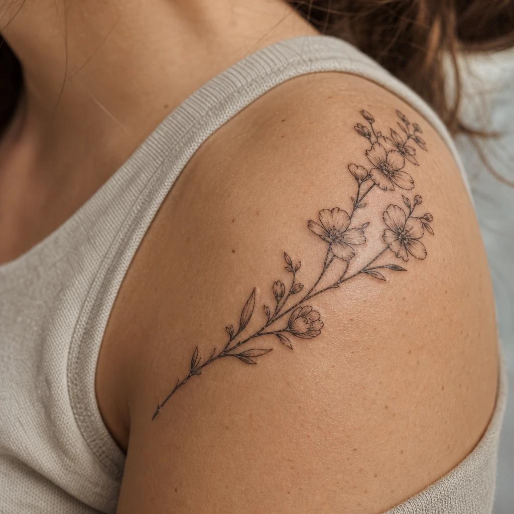 idée tatouage épaule femme branche fleurie epaule, photo réaliste sur peau