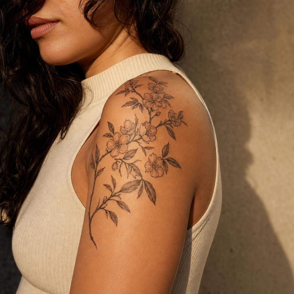 idée tatouage épaule femme branche fleurie epaule, photo réaliste sur peau