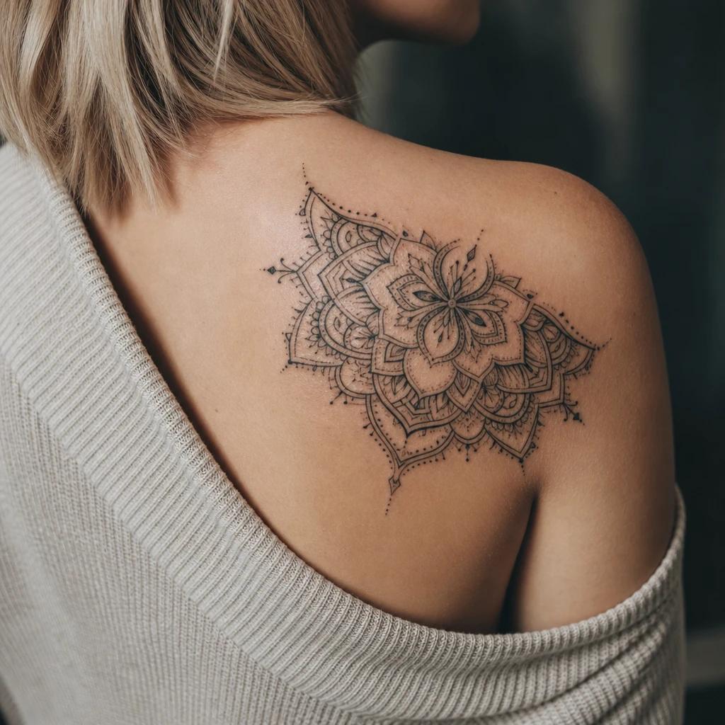 idée tatouage épaule femme mandala demi-lune epaule, photo réaliste sur peau