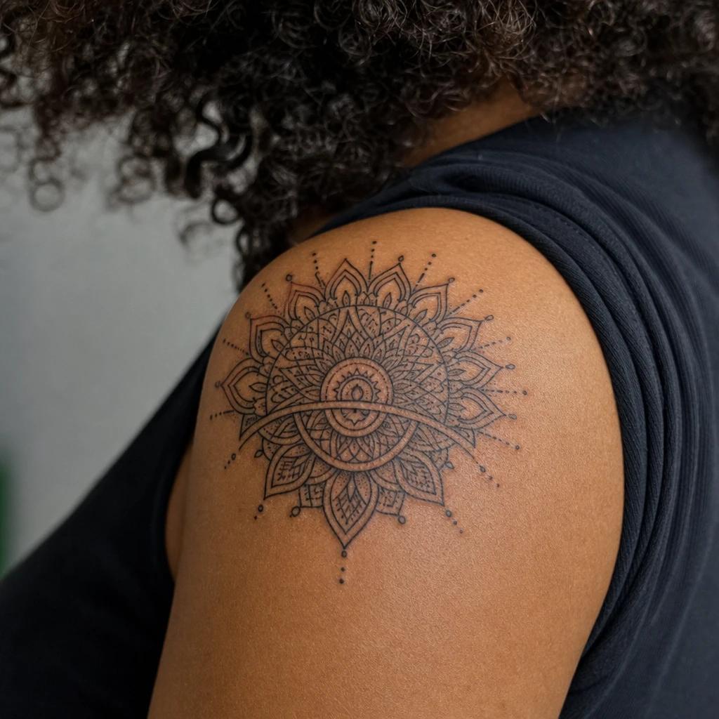 idée tatouage épaule femme mandala demi-lune epaule, photo réaliste sur peau