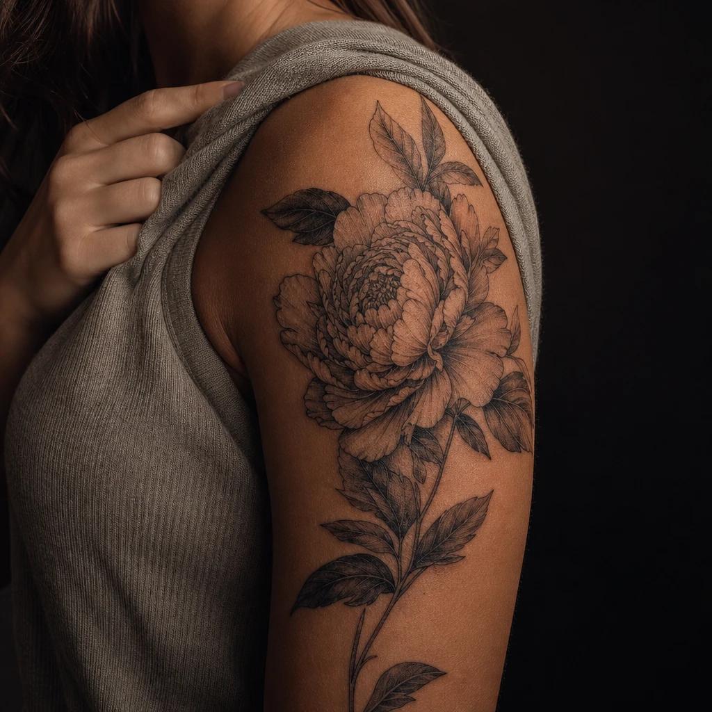 idée tatouage épaule femme pivoine realiste omoplate, photo réaliste sur peau