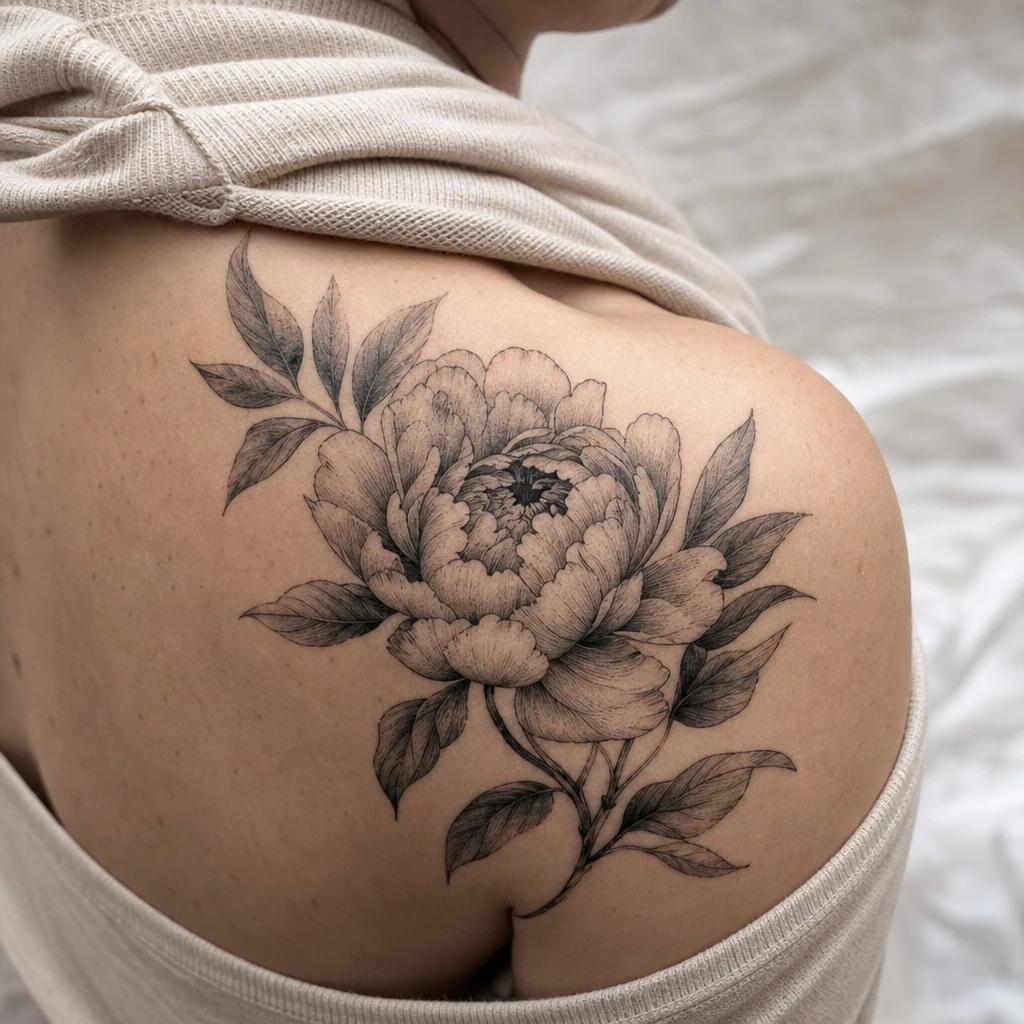 idée tatouage épaule femme pivoine realiste omoplate, photo réaliste sur peau