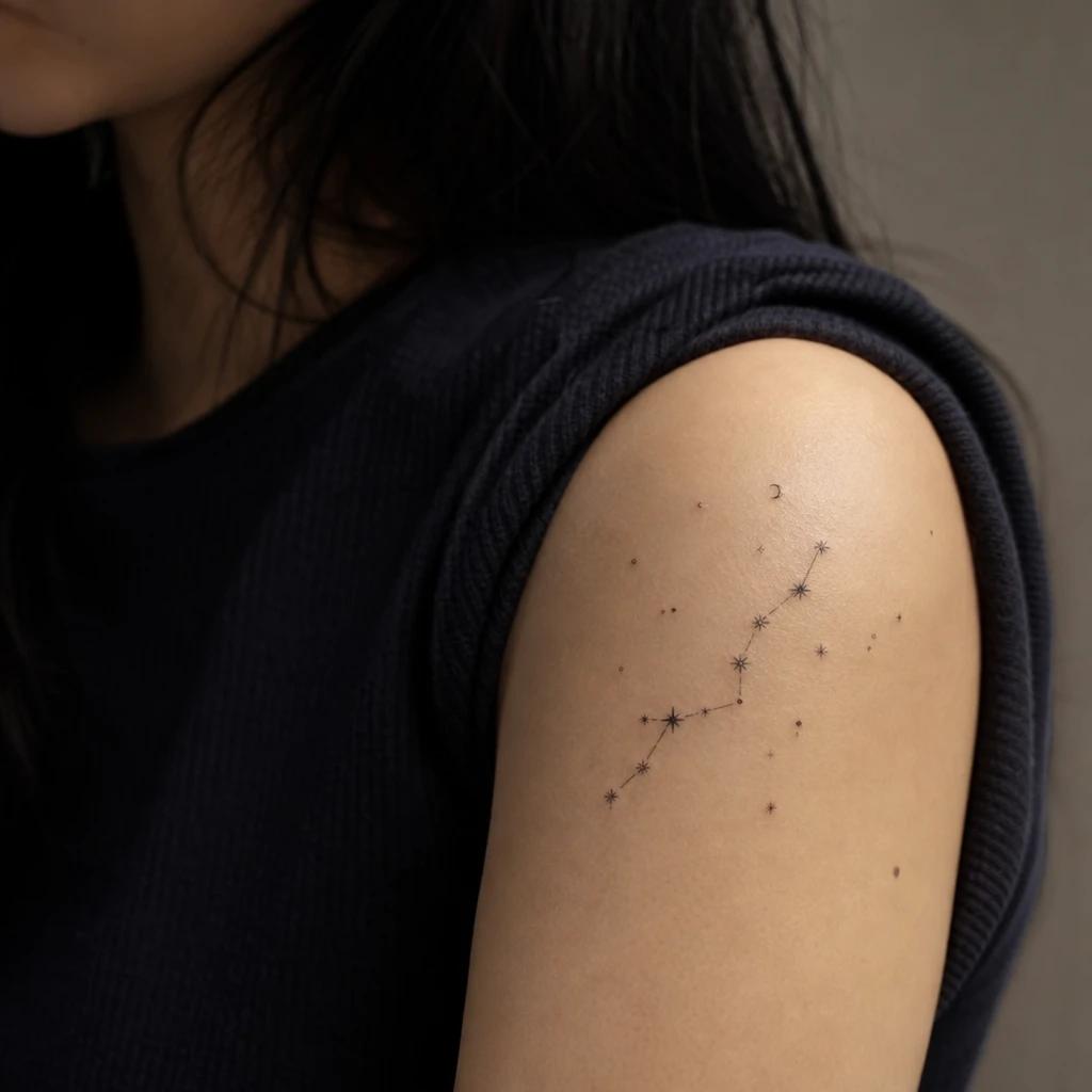 idée tatouage épaule femme constellation minimaliste, photo réaliste sur peau