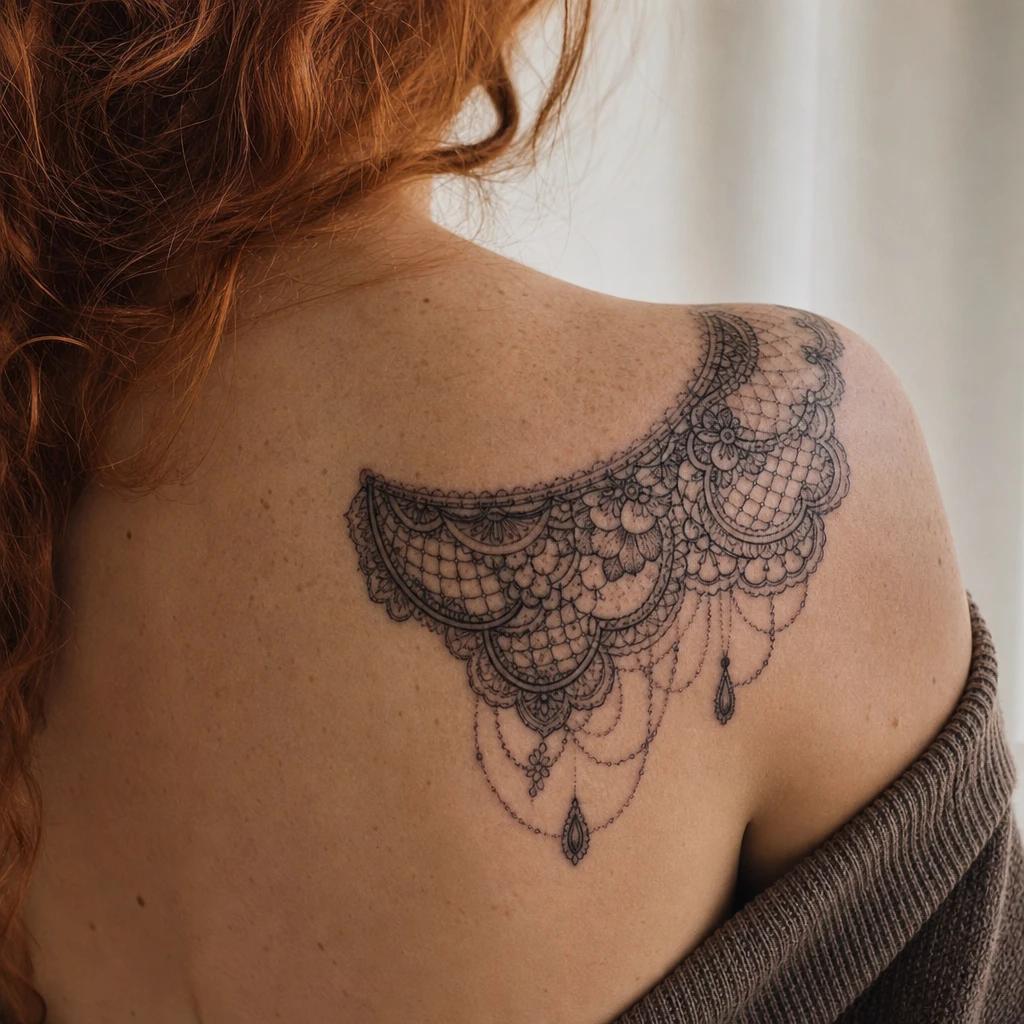 idée tatouage épaule femme ornemental dentelle epaulette, photo réaliste sur peau