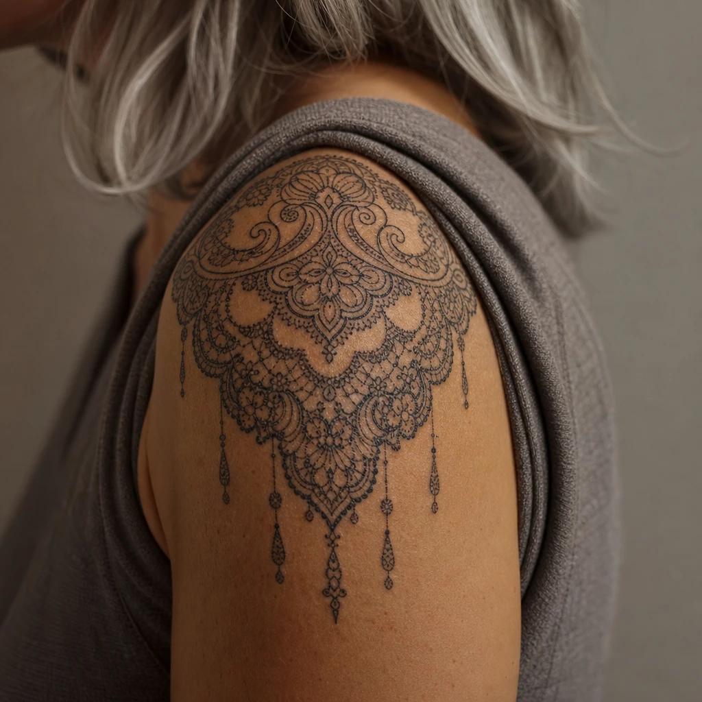 idée tatouage épaule femme ornemental dentelle epaulette, photo réaliste sur peau