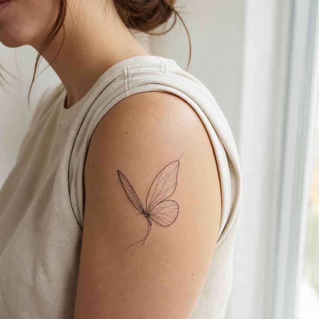 idée tatouage épaule femme papillon fine line, photo réaliste sur peau