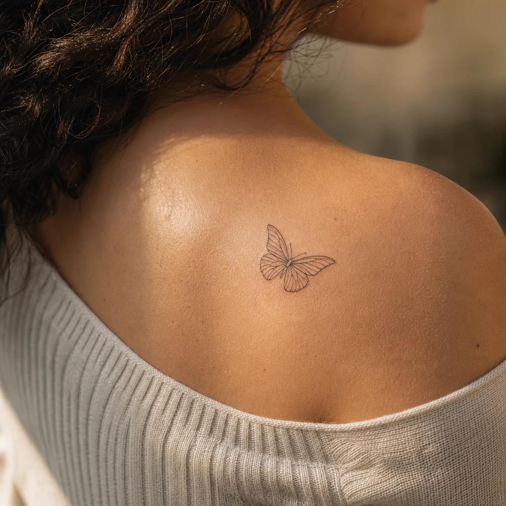 idée tatouage épaule femme papillon fine line, photo réaliste sur peau