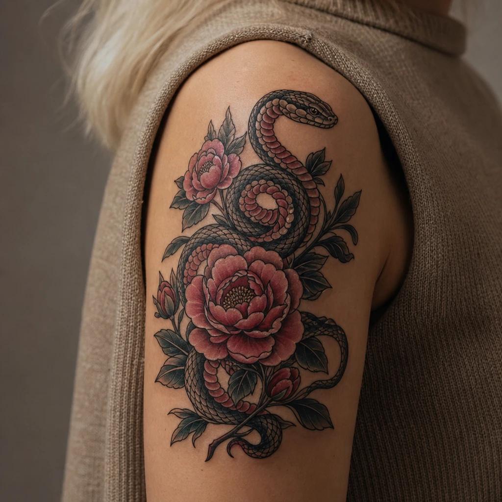 idée tatouage épaule femme serpent et fleurs neo-traditionnel, photo réaliste sur peau
