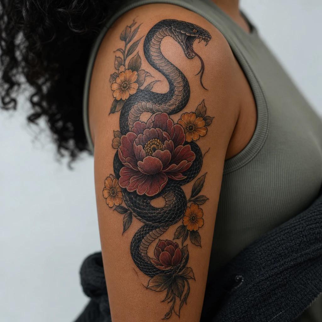 idée tatouage épaule femme serpent et fleurs neo-traditionnel, photo réaliste sur peau