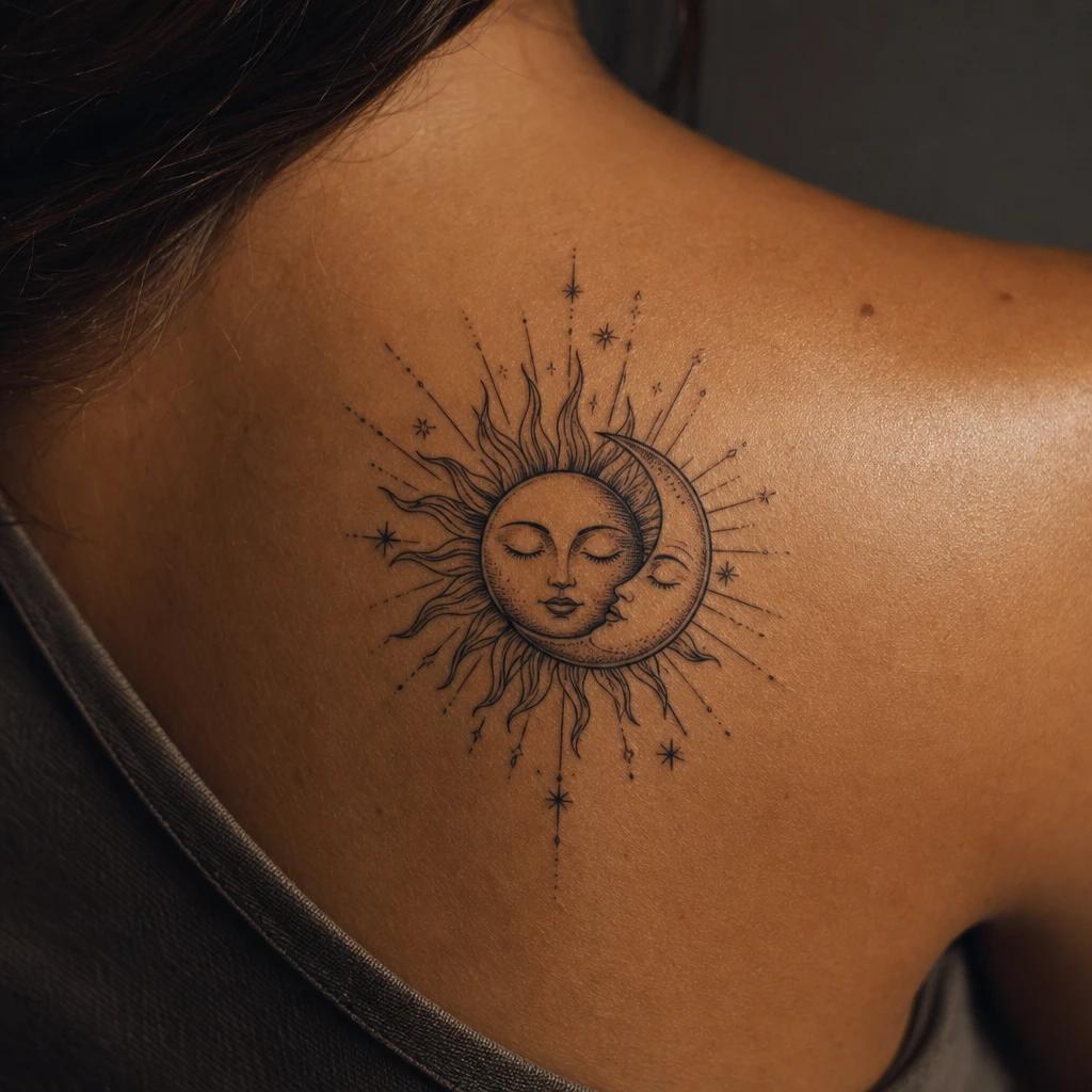 idée tatouage épaule femme soleil et lune symboliques, photo réaliste sur peau