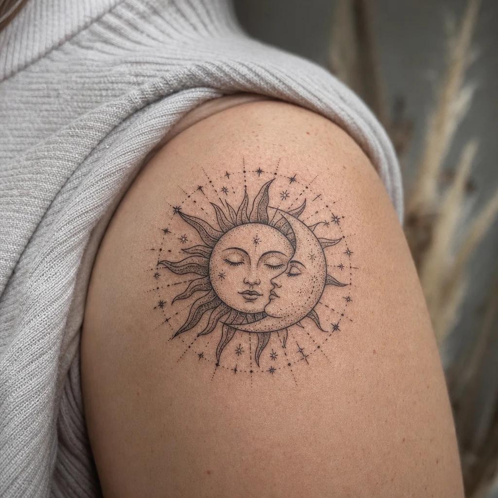 idée tatouage épaule femme soleil et lune symboliques, photo réaliste sur peau