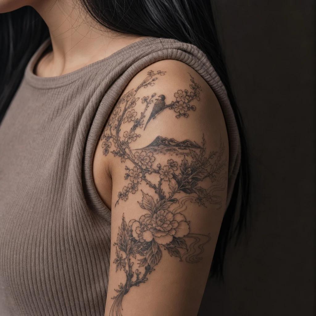idée tatouage épaule femme vague japonisante epaule, photo réaliste sur peau