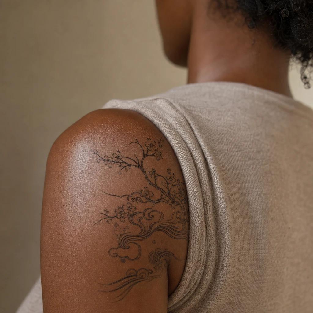 idée tatouage épaule femme vague japonisante epaule, photo réaliste sur peau
