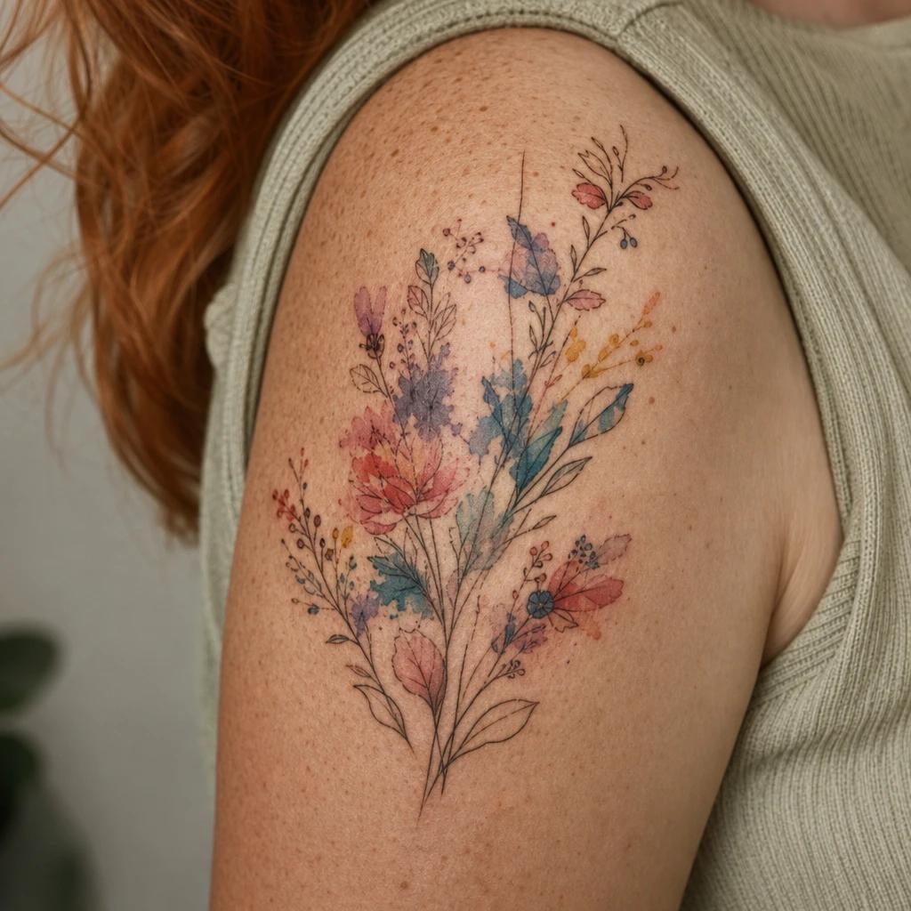 idée tatouage épaule femme bouquet abstrait aquarelle, photo réaliste sur peau