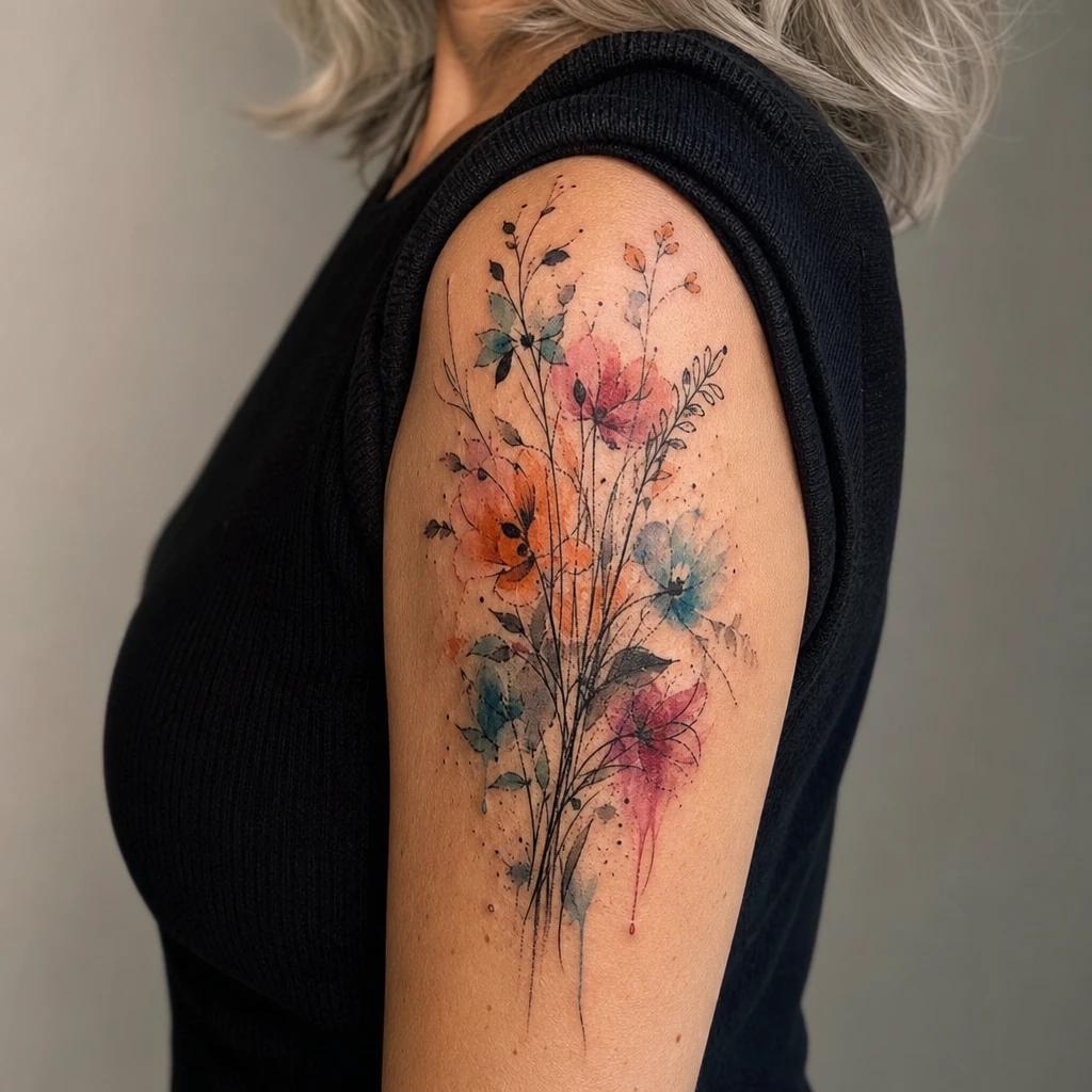 idée tatouage épaule femme bouquet abstrait aquarelle, photo réaliste sur peau