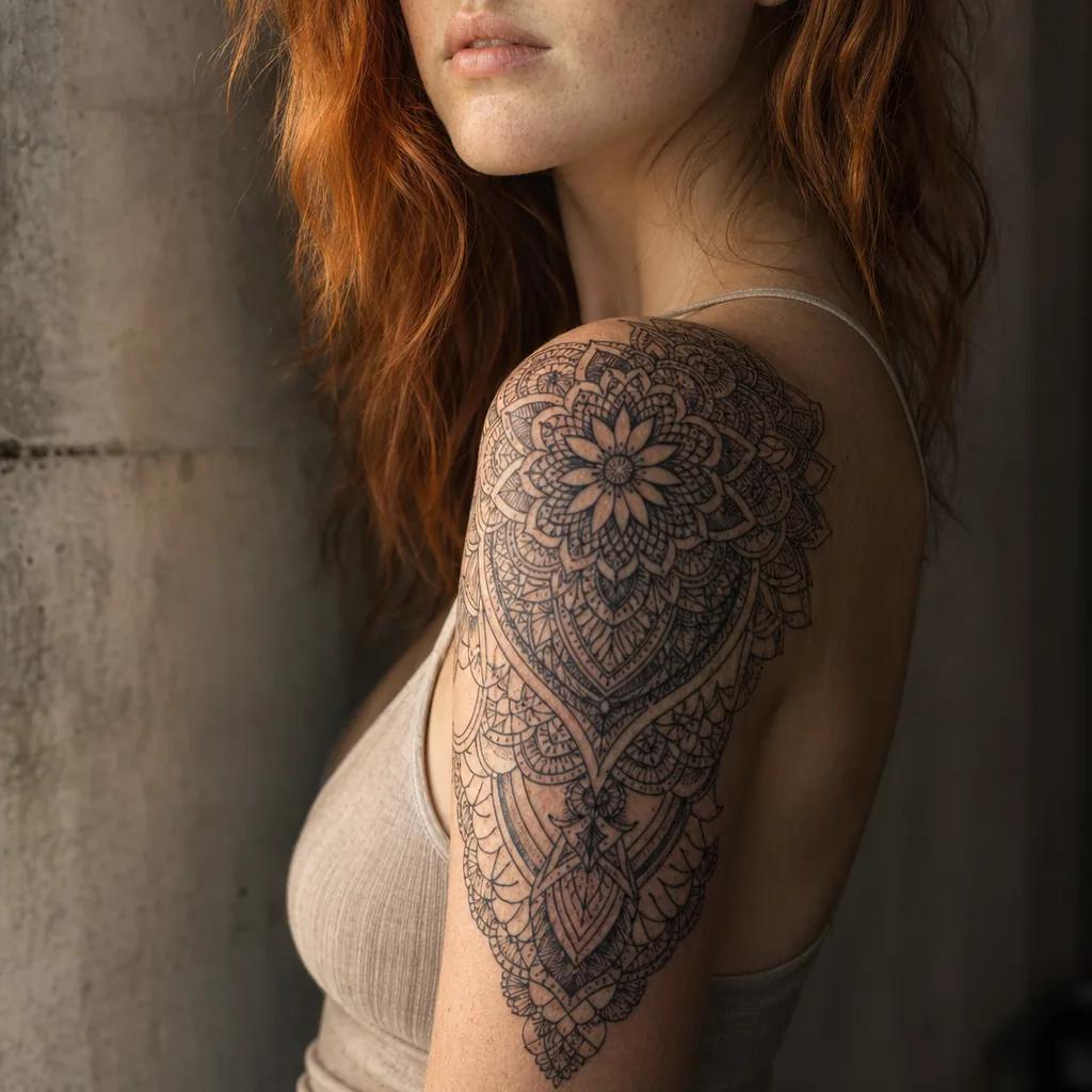 idée tatouage femme bras mandala lace sleeve