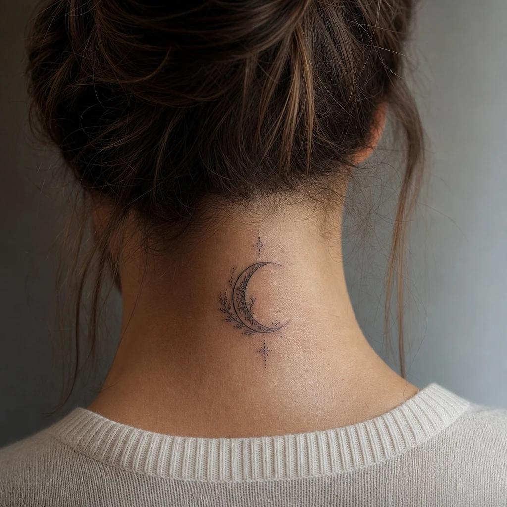 idée tatouage nuque femme lune croissante nuque, photo réaliste sur peau