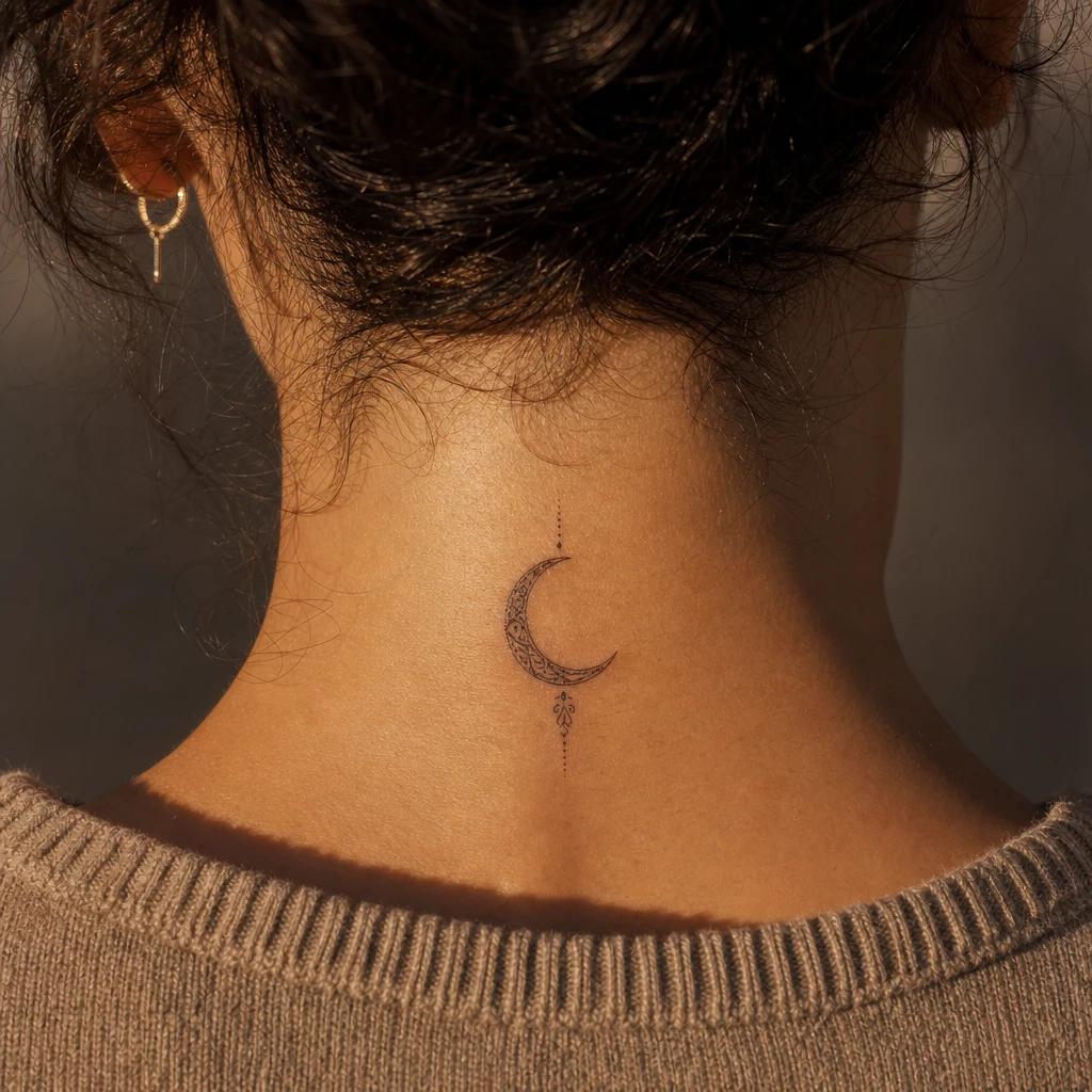 idée tatouage nuque femme lune croissante nuque, photo réaliste sur peau
