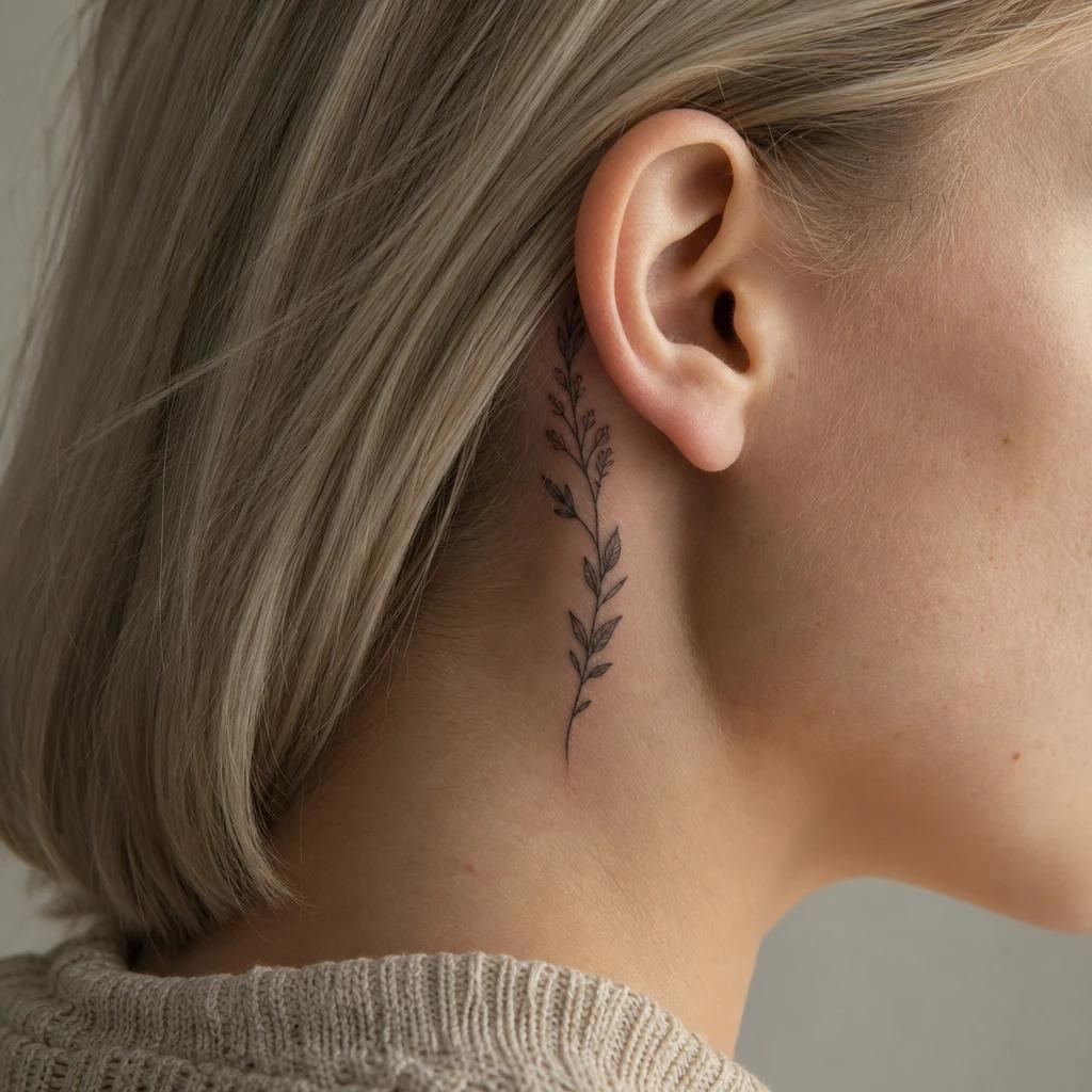 idée tatouage nuque femme tige botanique verticale, photo réaliste sur peau