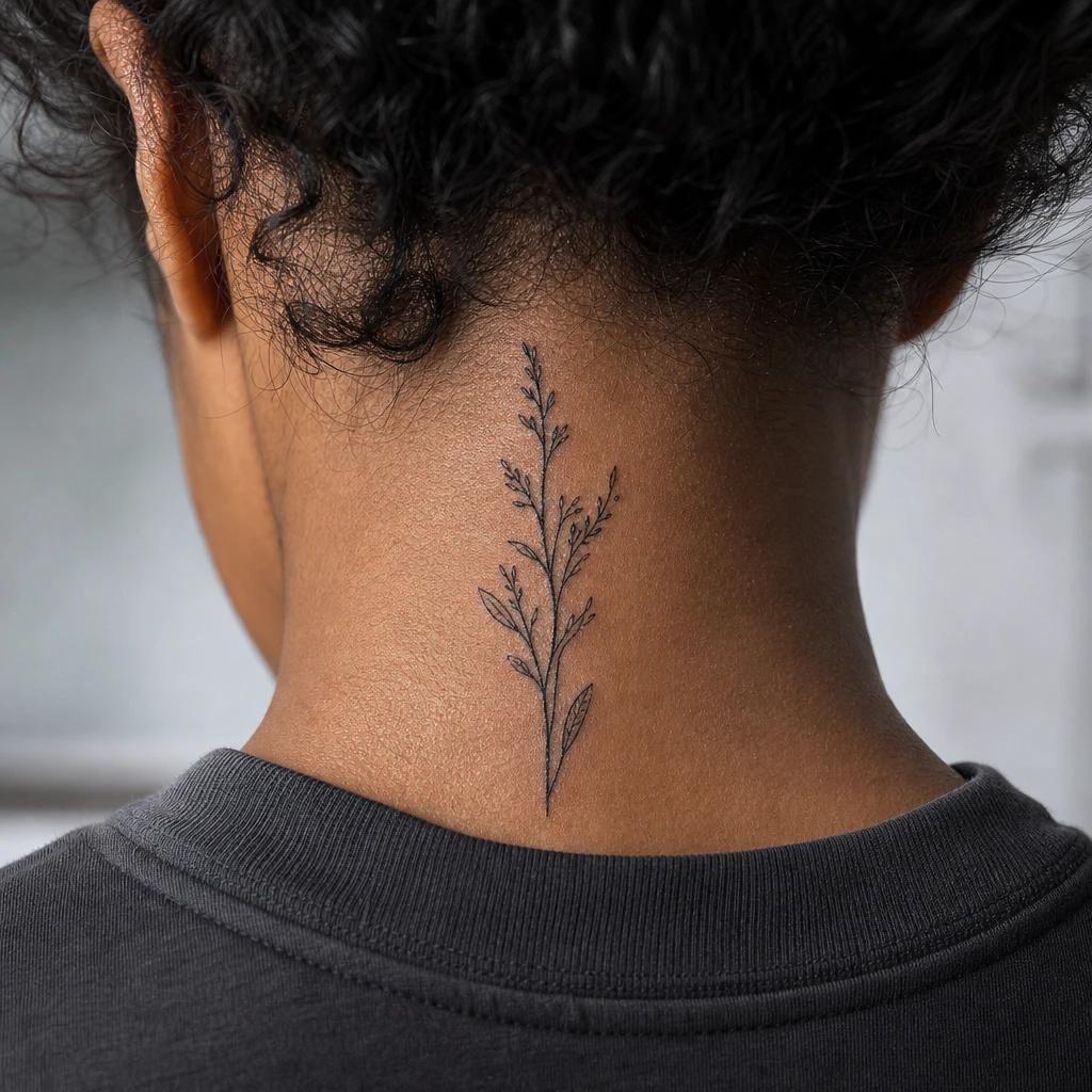 idée tatouage nuque femme tige botanique verticale, photo réaliste sur peau