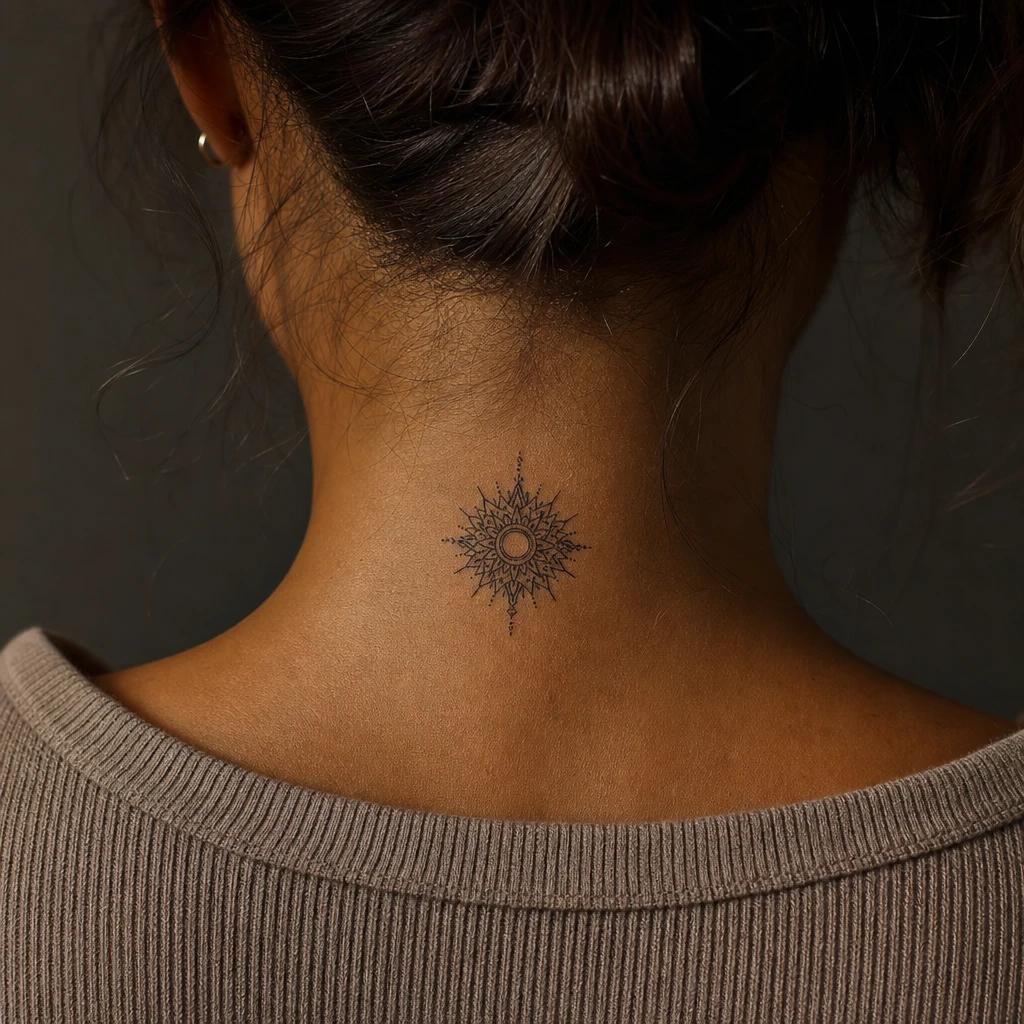 idée tatouage nuque femme mandala solaire miniature, photo réaliste sur peau
