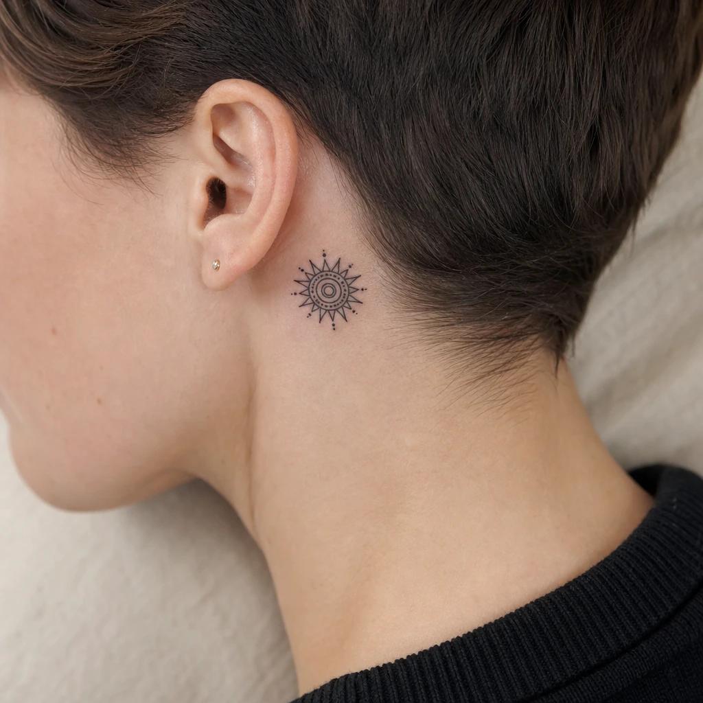 idée tatouage nuque femme mandala solaire miniature, photo réaliste sur peau