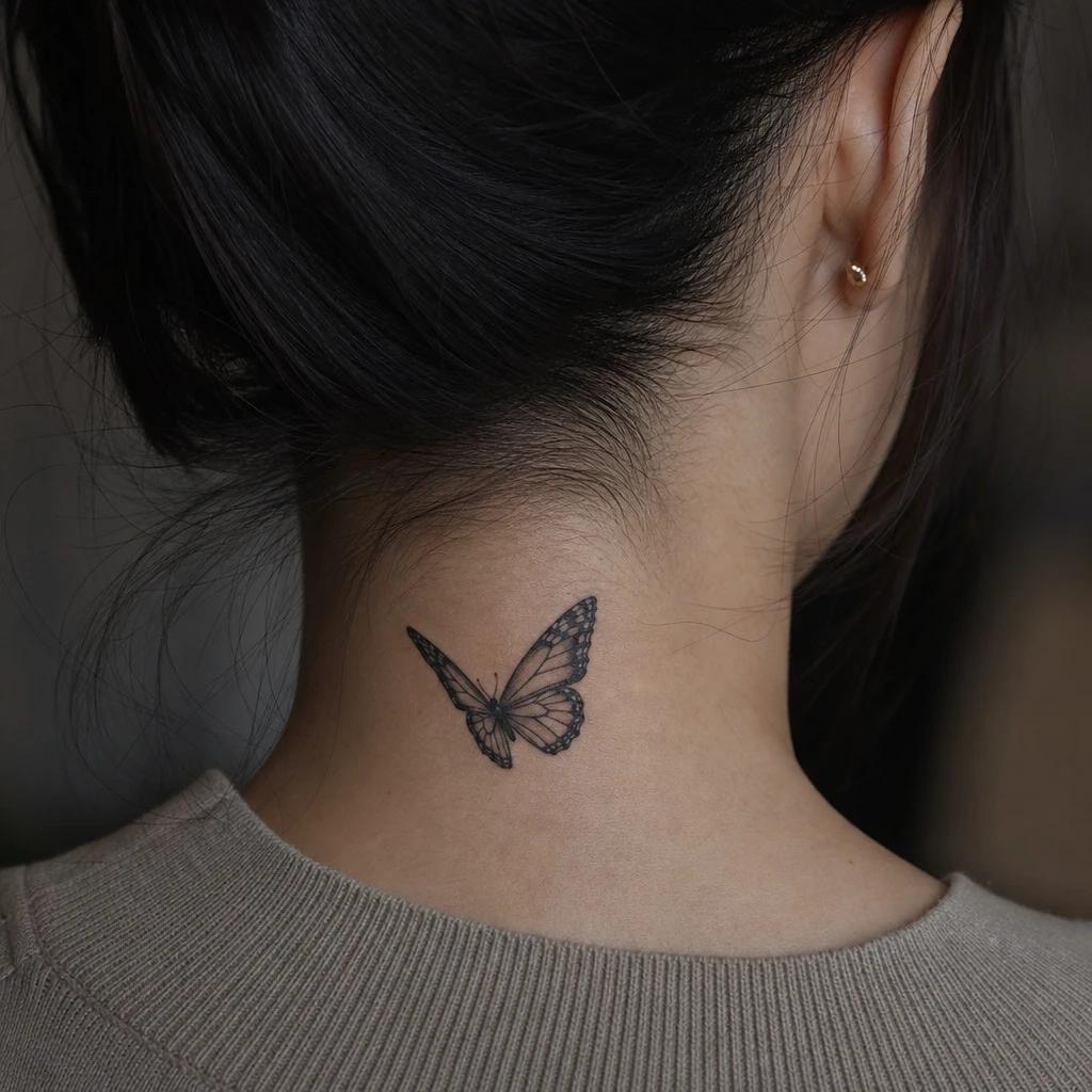 idée tatouage nuque femme papillon envol nuque, photo réaliste sur peau
