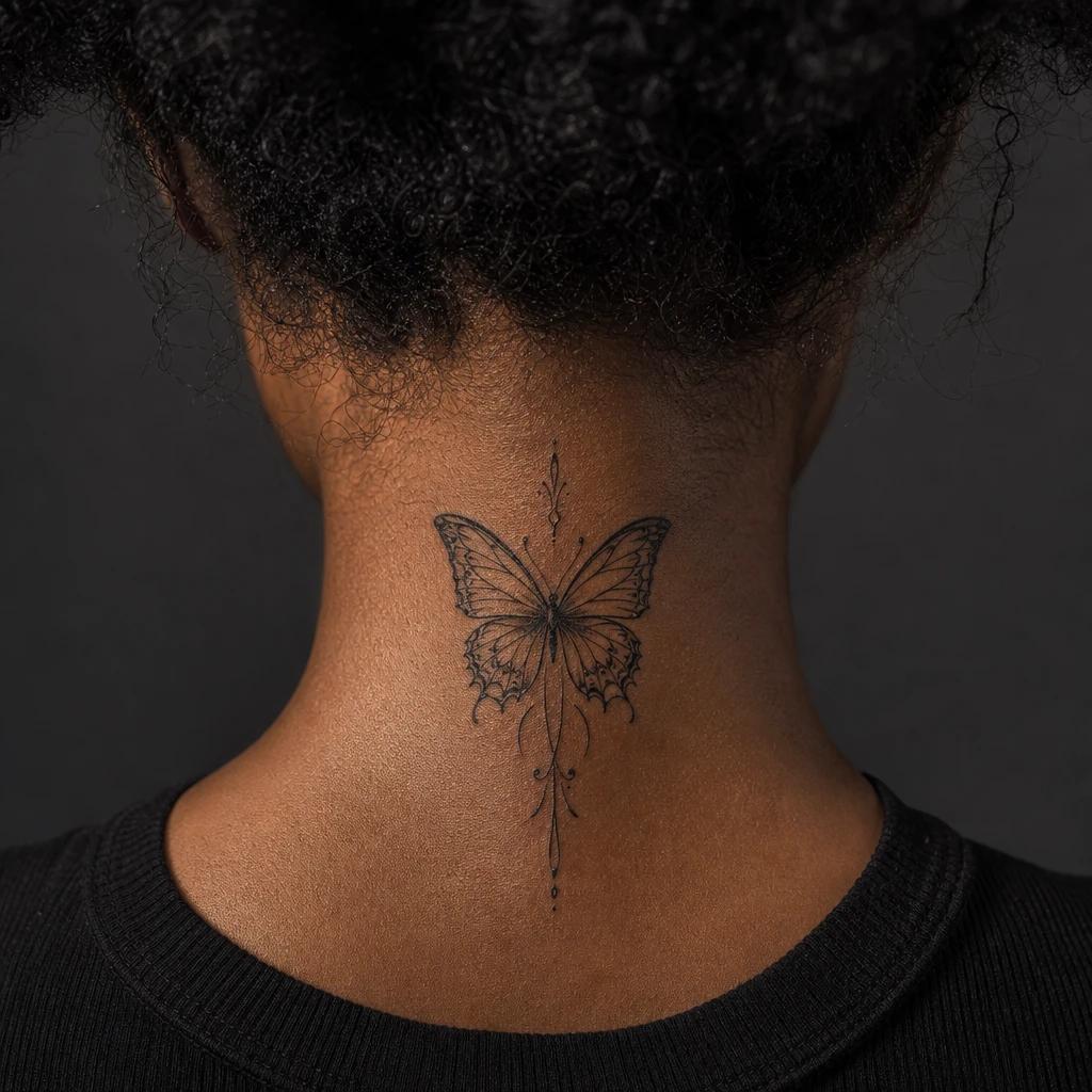 idée tatouage nuque femme papillon envol nuque, photo réaliste sur peau