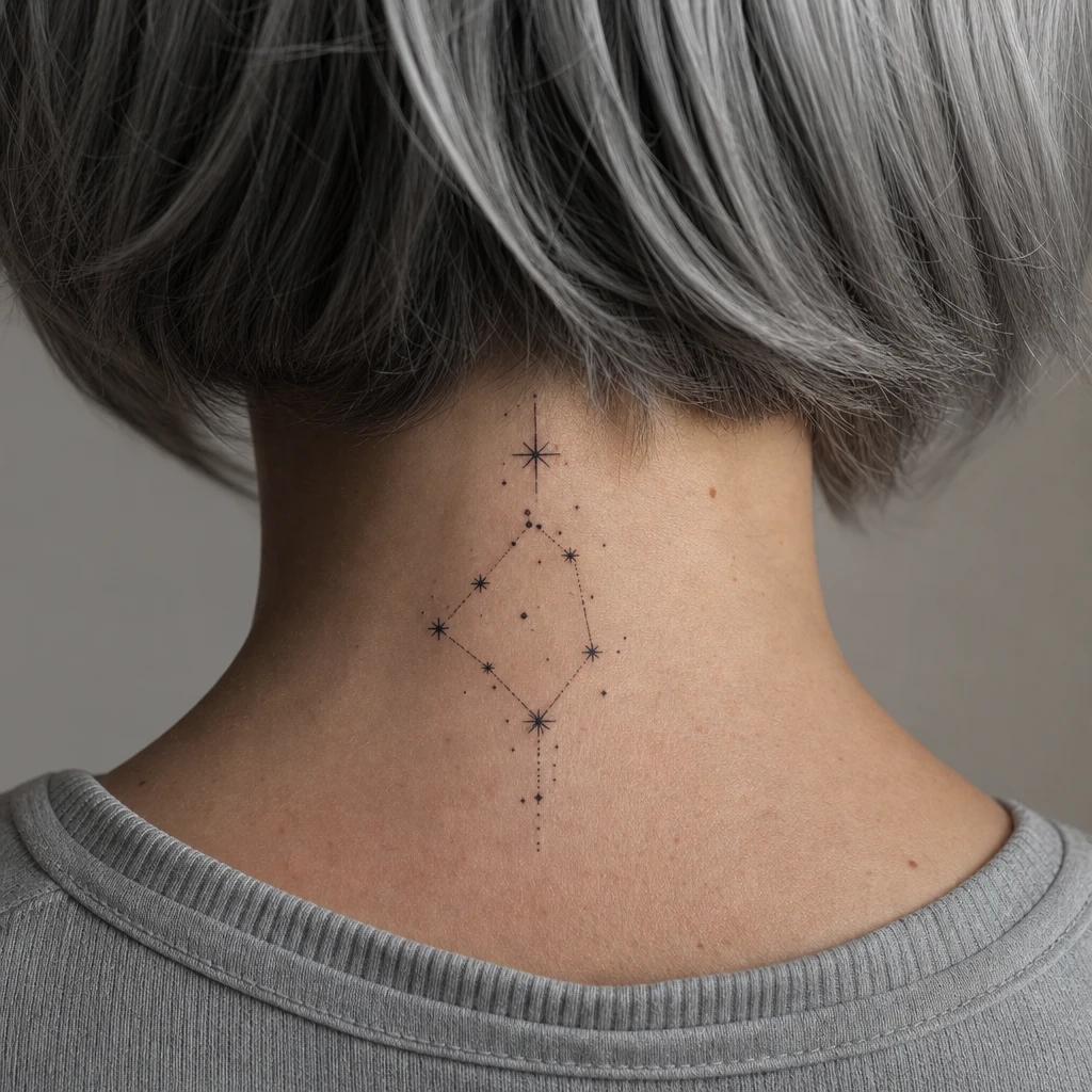 idée tatouage nuque femme constellation cervicale, photo réaliste sur peau