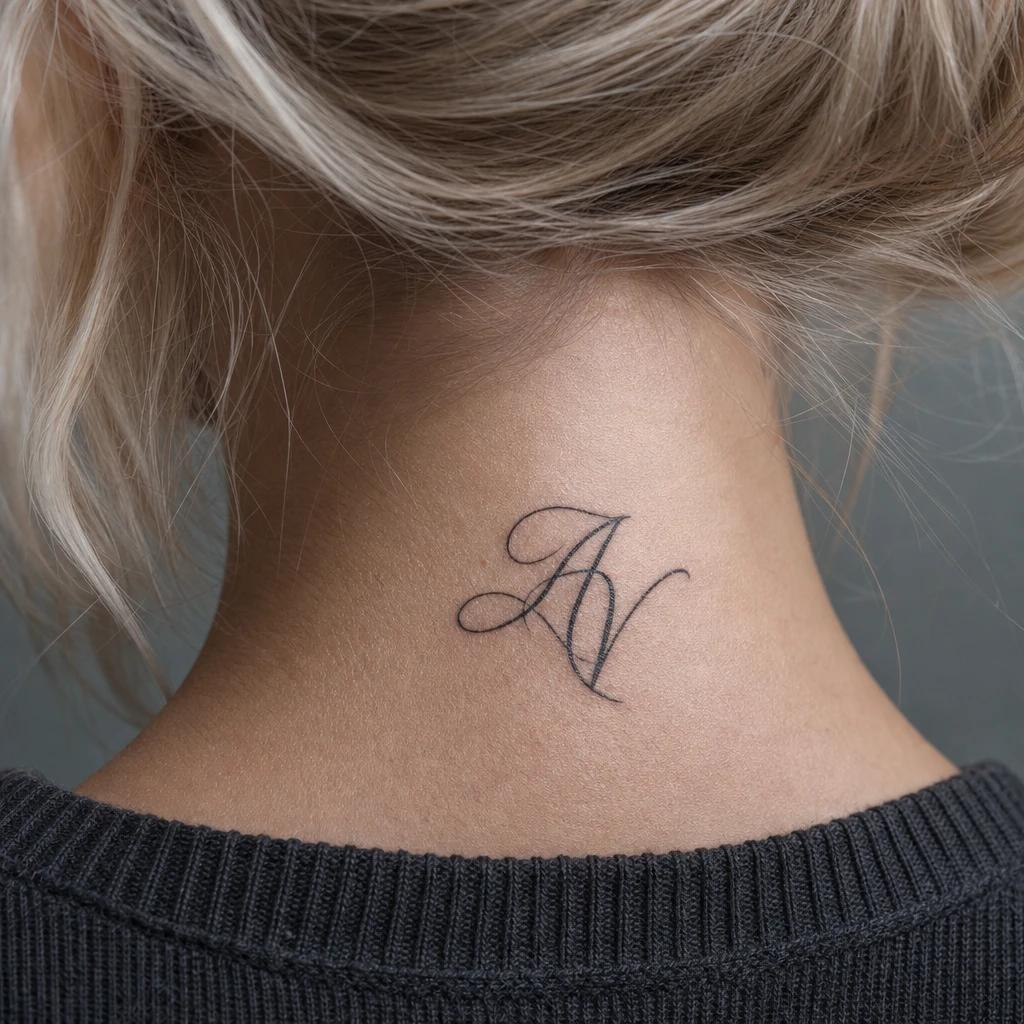 idée tatouage nuque femme initiale calligraphiee, photo réaliste sur peau