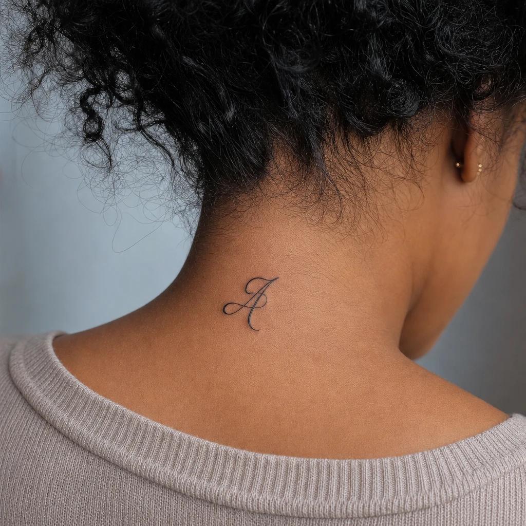 idée tatouage nuque femme initiale calligraphiee, photo réaliste sur peau