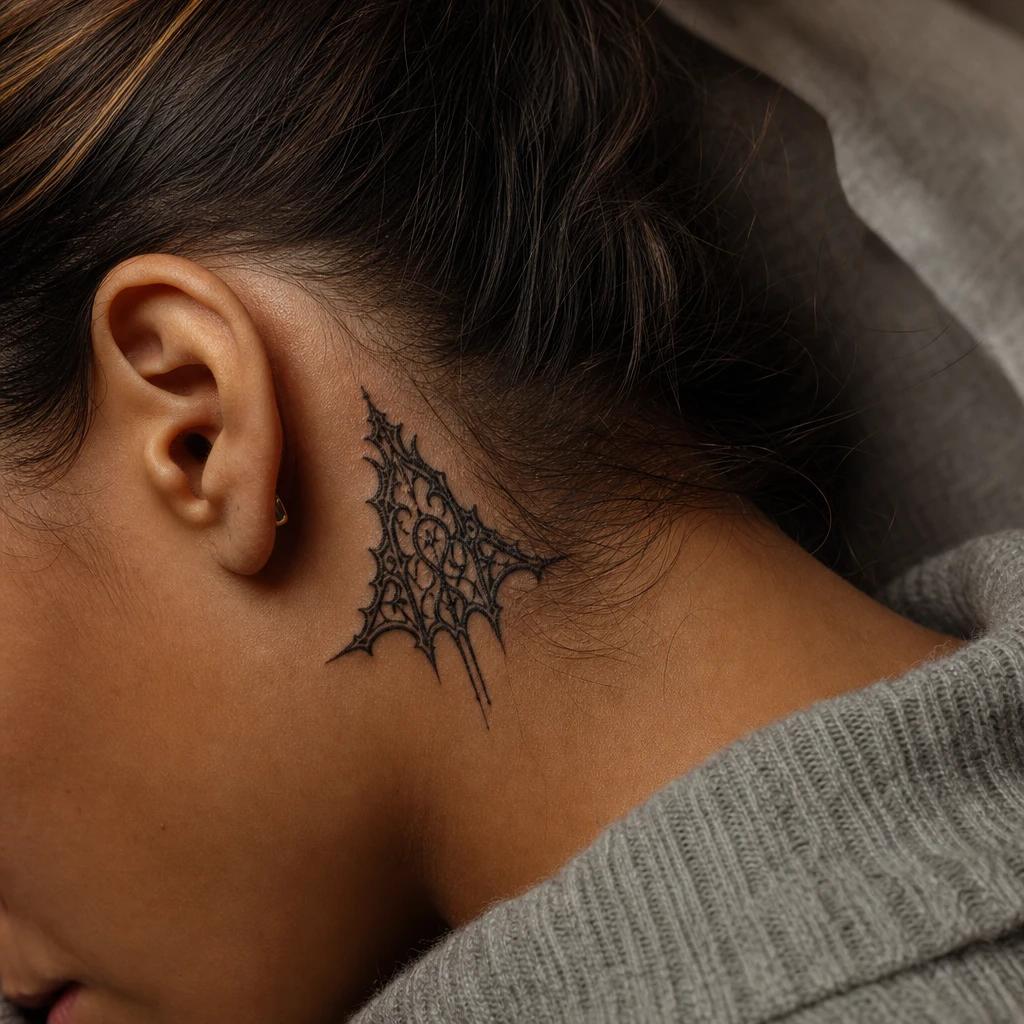 idée tatouage nuque femme ornement gothique dentelle, photo réaliste sur peau