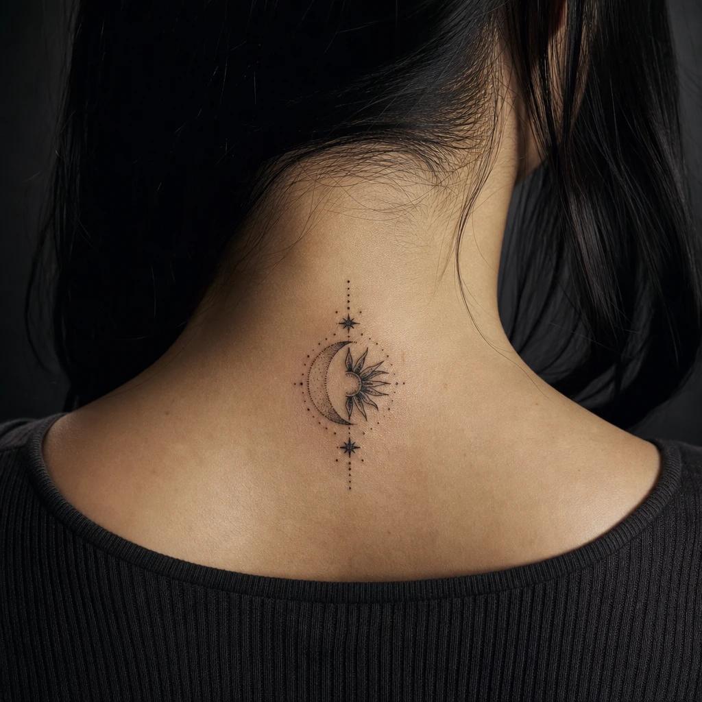 idée tatouage nuque femme dotwork lune et soleil, photo réaliste sur peau