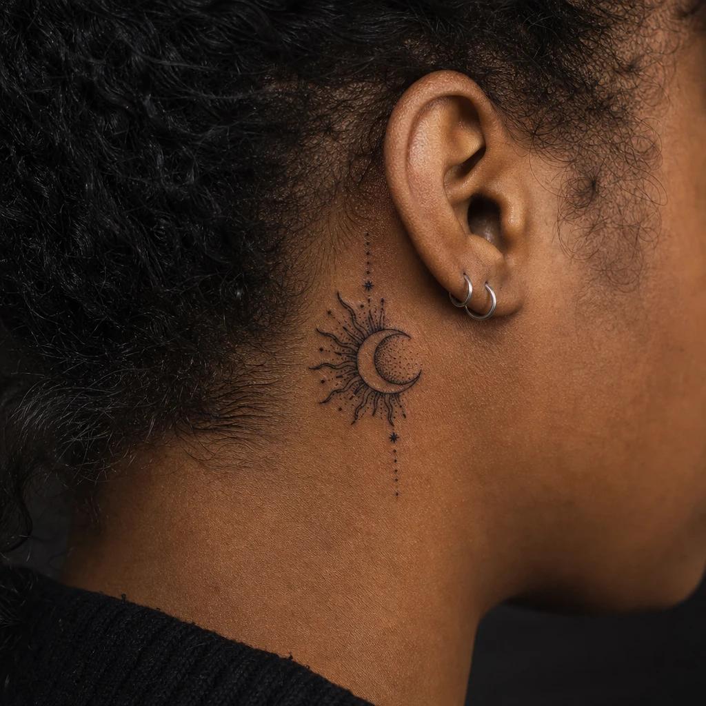 idée tatouage nuque femme dotwork lune et soleil, photo réaliste sur peau