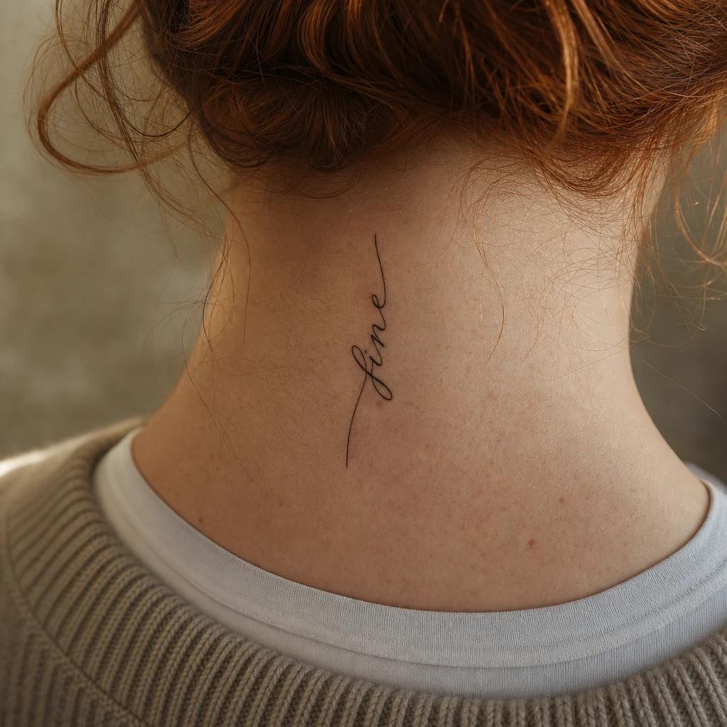 idée tatouage nuque femme phrase verticale fine, photo réaliste sur peau