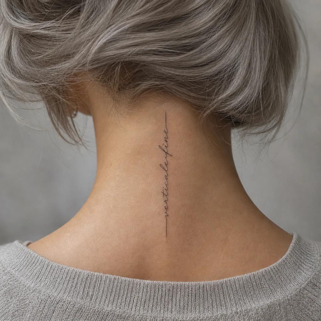 idée tatouage nuque femme phrase verticale fine, photo réaliste sur peau