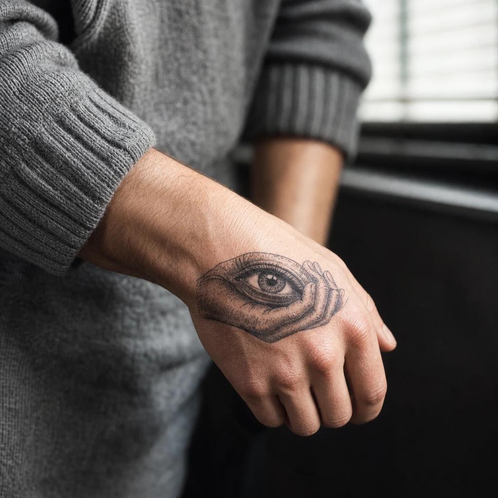 idée tatouage oeil oeil dans une main, photo réaliste sur peau