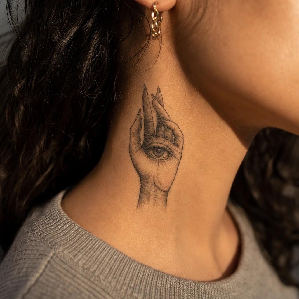 idée tatouage oeil oeil dans une main, photo réaliste sur peau