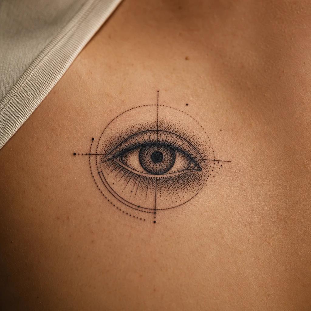 idée tatouage oeil oeil dotwork géométrique, photo réaliste sur peau