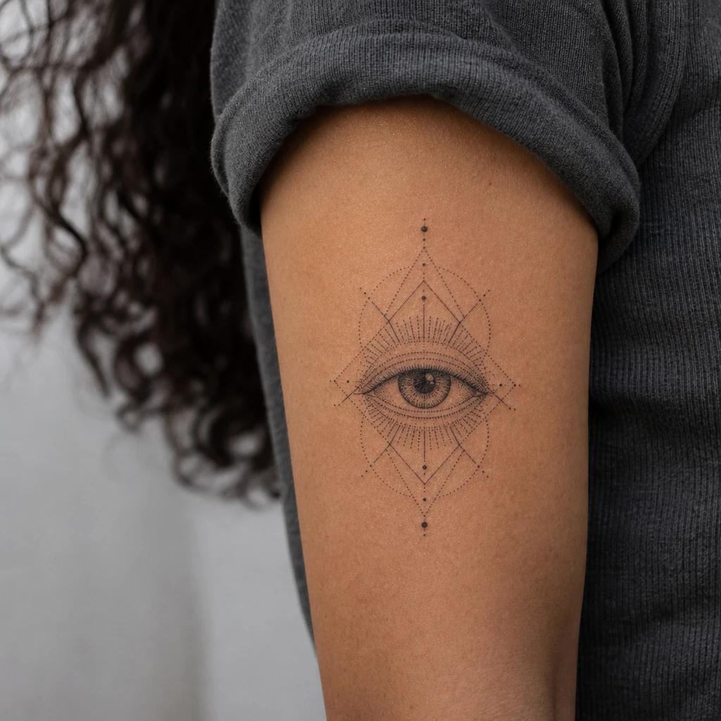 idée tatouage oeil oeil dotwork géométrique, photo réaliste sur peau