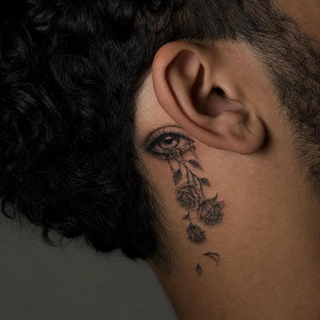 idée tatouage oeil oeil qui pleure des roses, photo réaliste sur peau