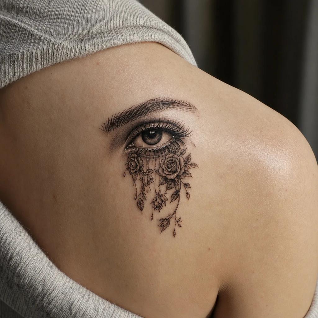 idée tatouage oeil oeil qui pleure des roses, photo réaliste sur peau