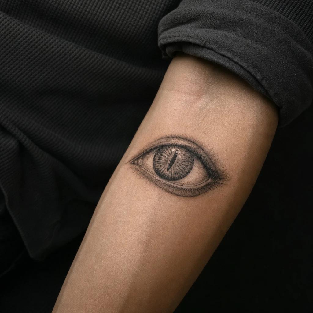 idée tatouage oeil oeil de chat perçant, photo réaliste sur peau