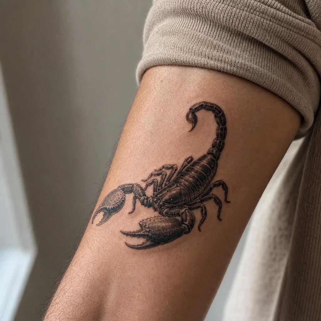 idée tatouage scorpion scorpion réaliste noir et gris, photo réaliste sur peau