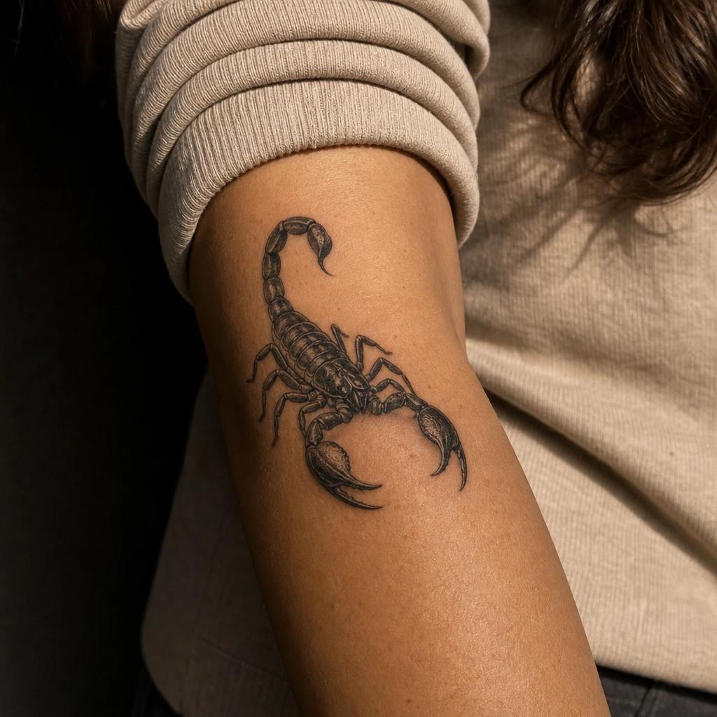 idée tatouage scorpion scorpion réaliste noir et gris, photo réaliste sur peau