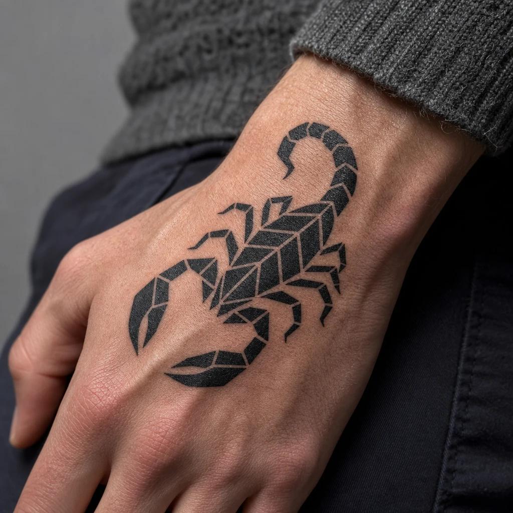 idée tatouage scorpion scorpion blackwork géométrique, photo réaliste sur peau