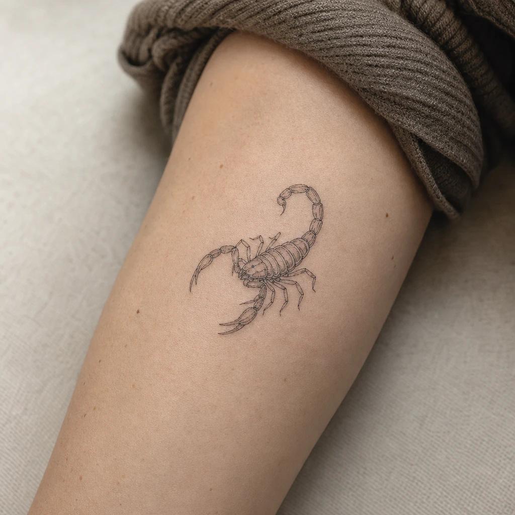 idée tatouage scorpion scorpion fine line, photo réaliste sur peau