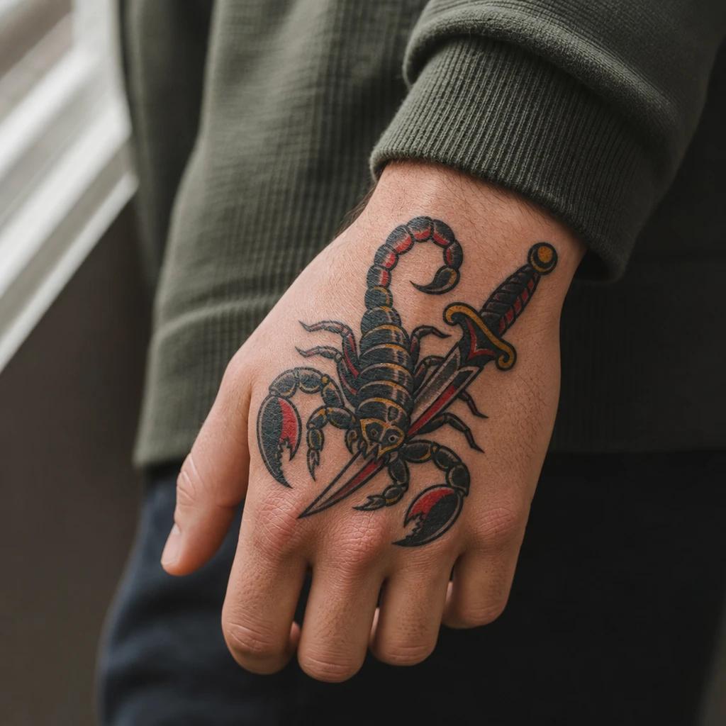 idée tatouage scorpion scorpion et dague old school, photo réaliste sur peau