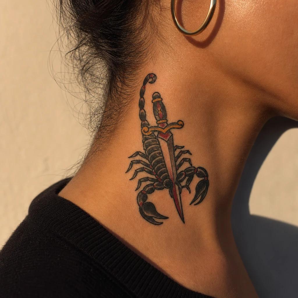 idée tatouage scorpion scorpion et dague old school, photo réaliste sur peau