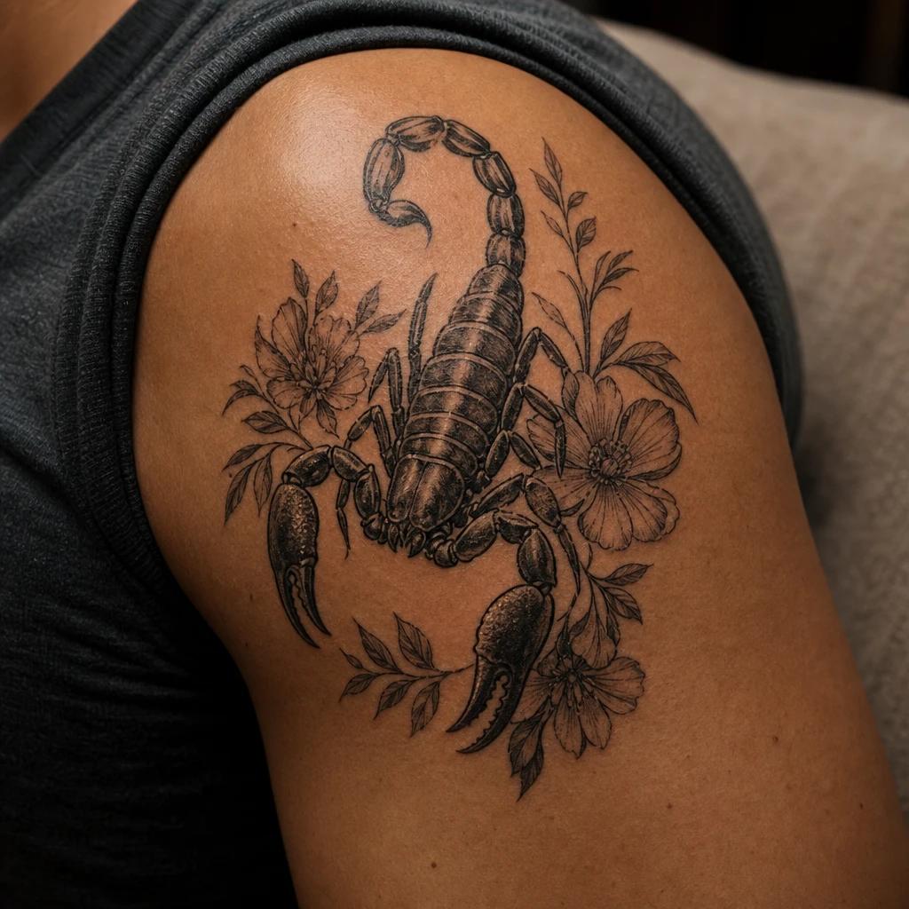 idée tatouage scorpion scorpion et fleurs contraste, photo réaliste sur peau